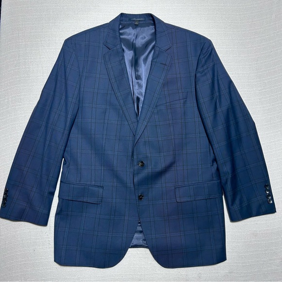 Hugo Boss BOSS Super 100 Slim Fit Blue Plaid Sport Coat Blazer Mens size 46